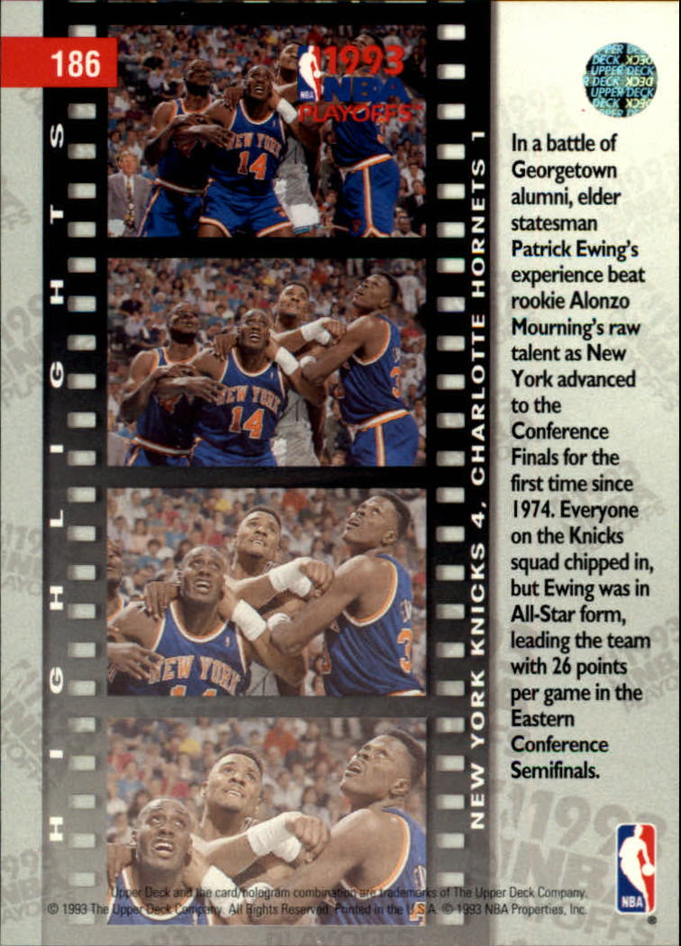 1993-94 Upper Deck #186 Anthony Mason/Patrick Ewing/Alonzo Mourning PO back image