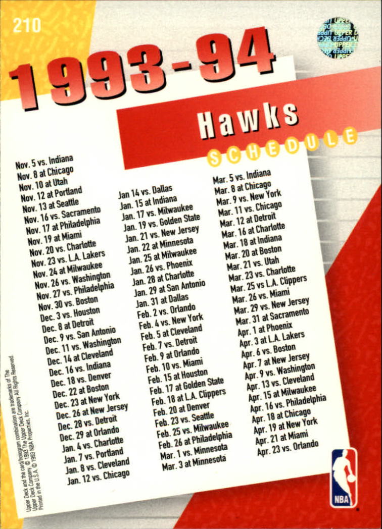 1993-94 Upper Deck #210 Atlanta Hawks Sked/Kevin Willis back image
