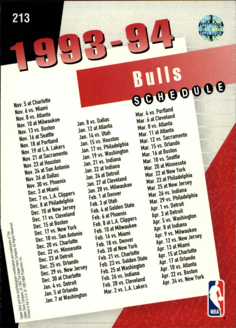 1993-94 Upper Deck #213 Chicago Bulls Sked/Michael Jordan back image
