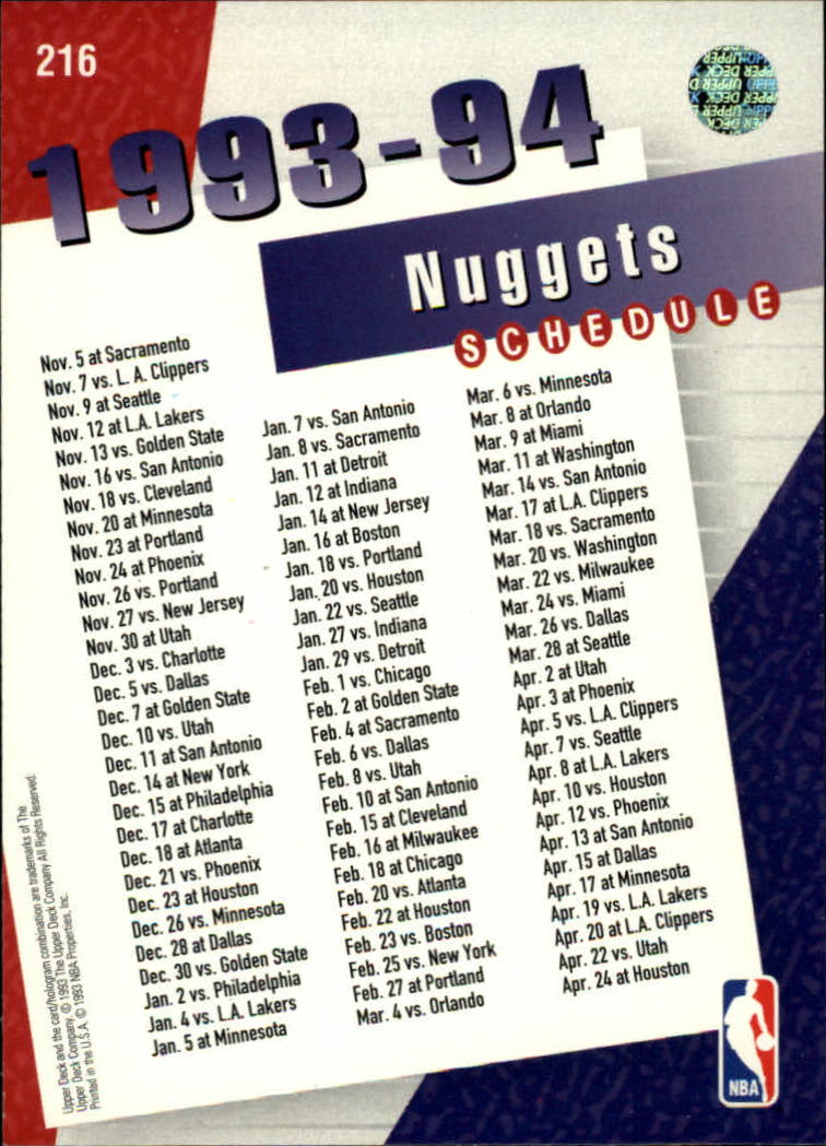 1993-94 Upper Deck #216 Denver Nuggets Sked/Dikembe Mutumbo back image