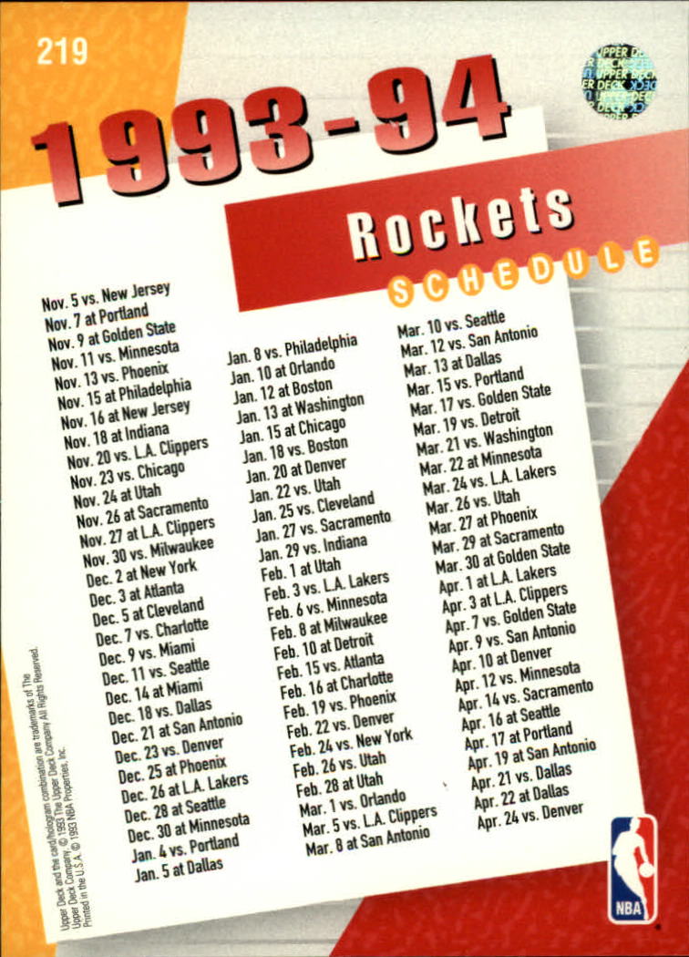 1993-94 Upper Deck #219 Houston Rockets Sked/Hakeem Olajuwon back image