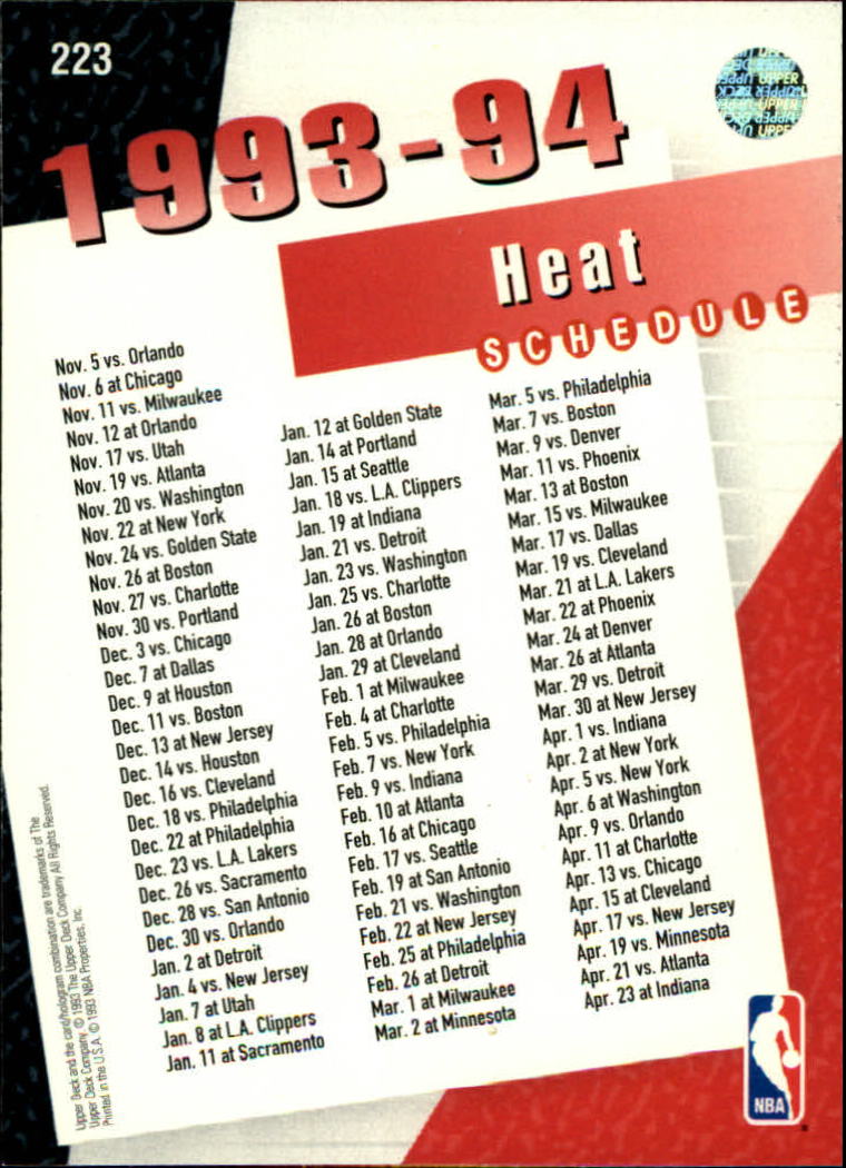 1993-94 Upper Deck #223 Miami Heat Sked/Steve Smith/Harold Miner/Rony Seikaly back image