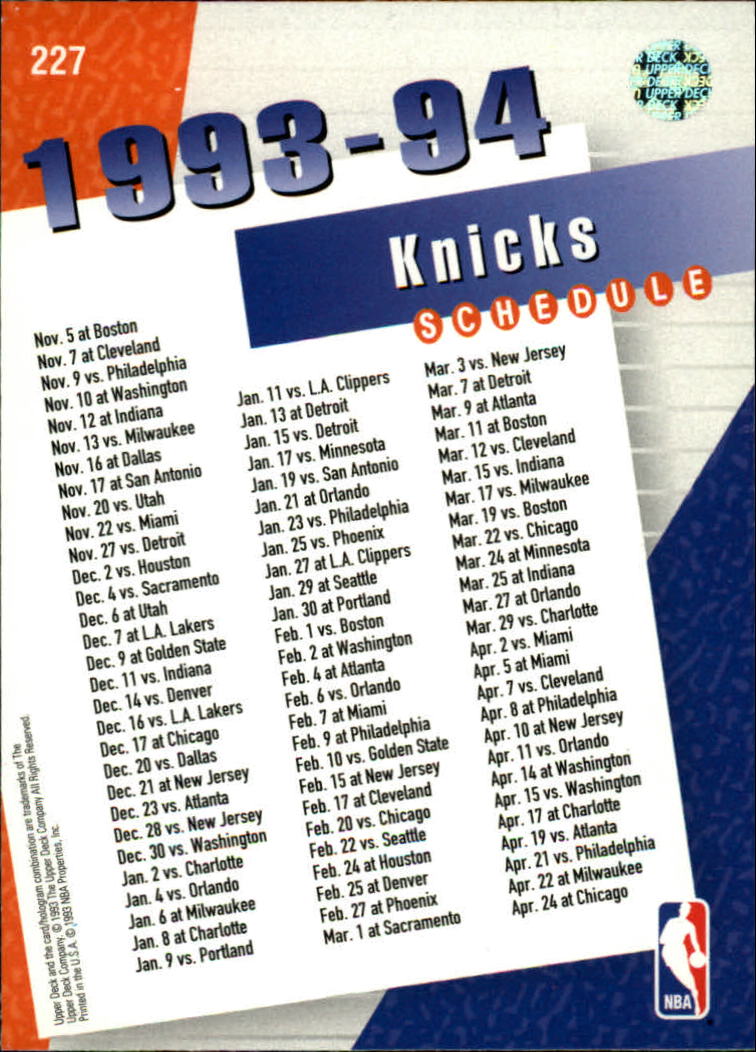 1993-94 Upper Deck #227 New York Knicks Sked/Rolando Blackmon back image