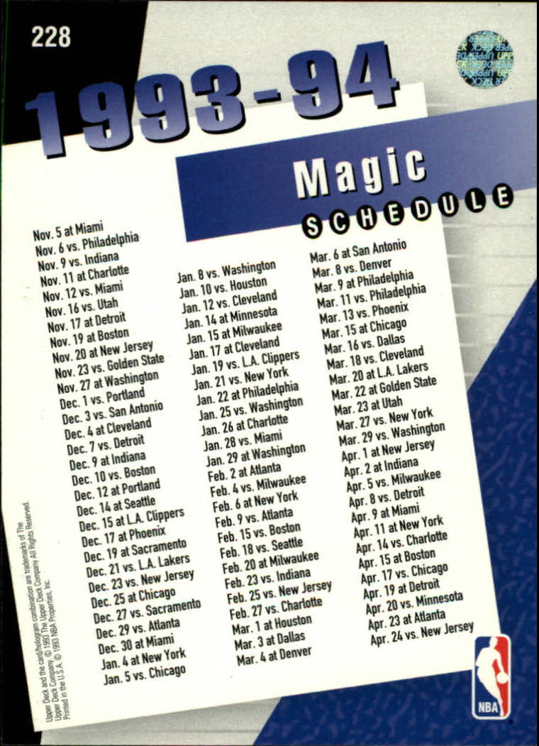 1993-94 Upper Deck #228 Orlando Magic Sked/Shaquille O'Neal back image