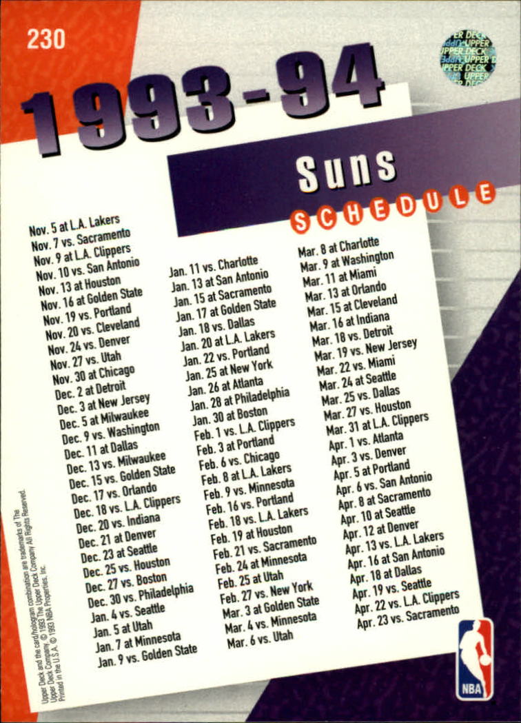 1993-94 Upper Deck #230 Phoenix Suns Sked/Charles Barkley back image