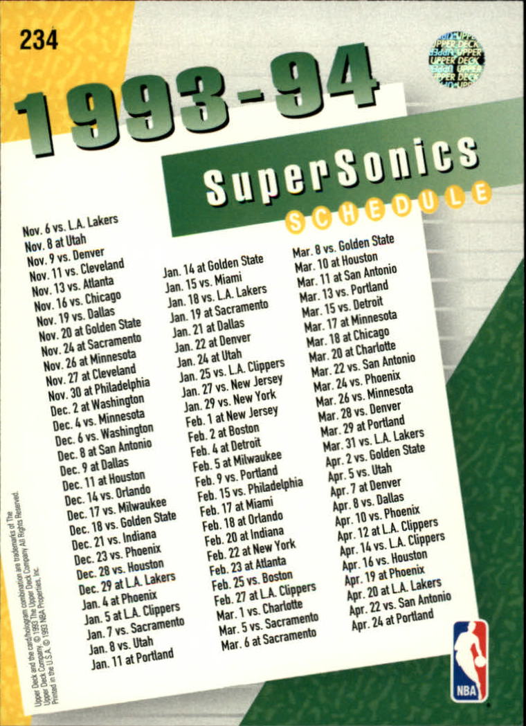 1993-94 Upper Deck #234 Seattle Supersonics Sked/Gary Payton/Shawn Kemp back image