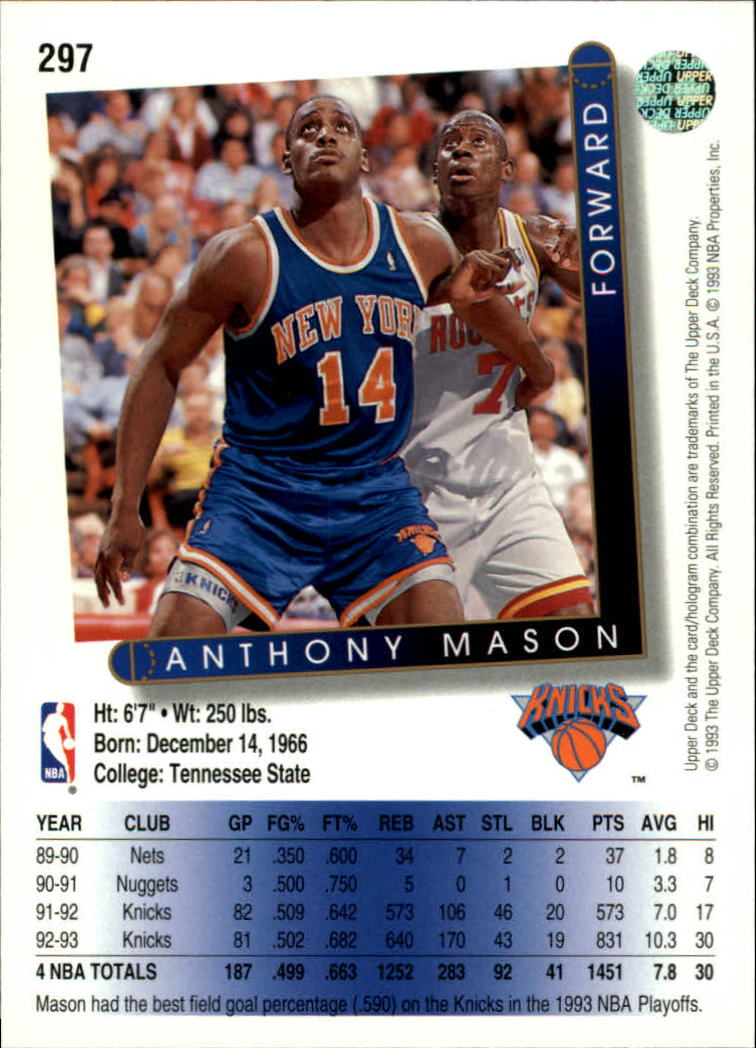 1993-94 Upper Deck #297 Anthony Mason back image