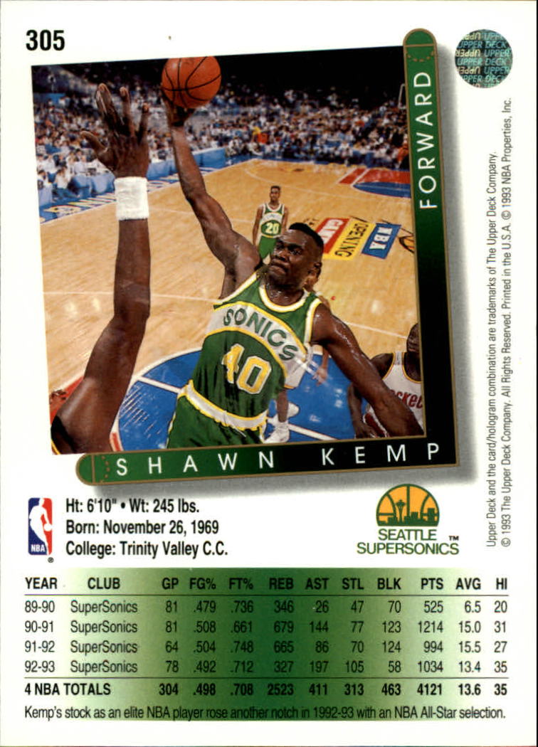 1993-94 Upper Deck #305 Shawn Kemp back image