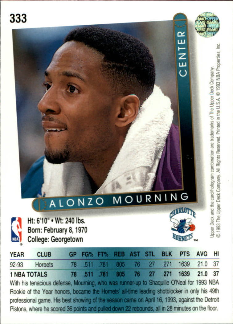 1993-94 Upper Deck #333 Alonzo Mourning back image
