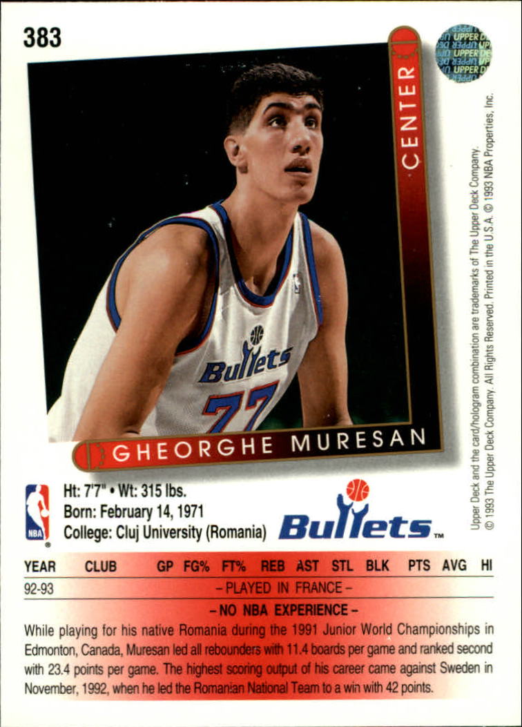 1993-94 Upper Deck #383 Gheorghe Muresan RC back image