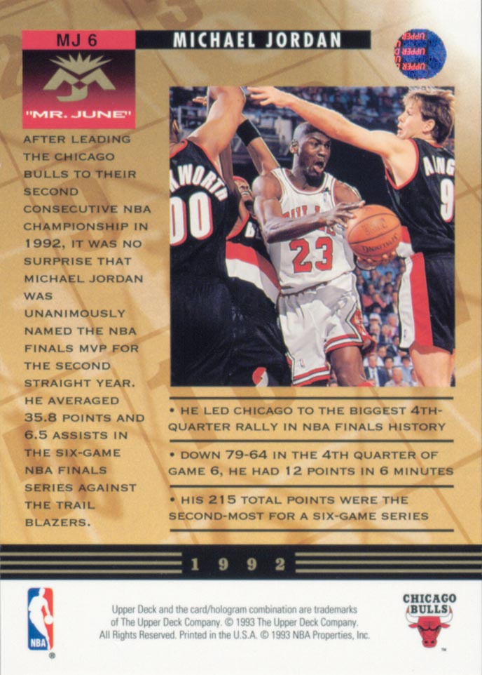 1993-94 Upper Deck Mr. June #MJ6 Michael Jordan/Back-To-Back Finals MVP back image