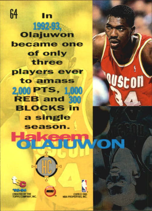 1993-94 Stadium Club #64 Hakeem Olajuwon HC back image