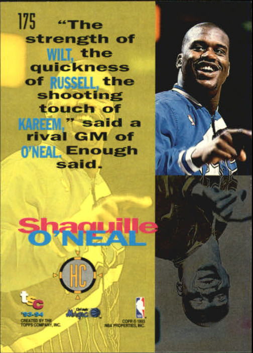 1993-94 Stadium Club #175 Shaquille O'Neal HC back image