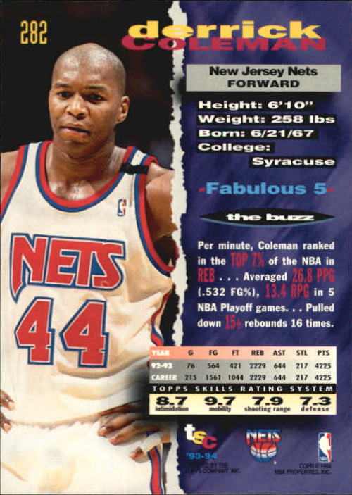 1993-94 Stadium Club #282 Derrick Coleman UER/(Career stats listed under `92-93) back image