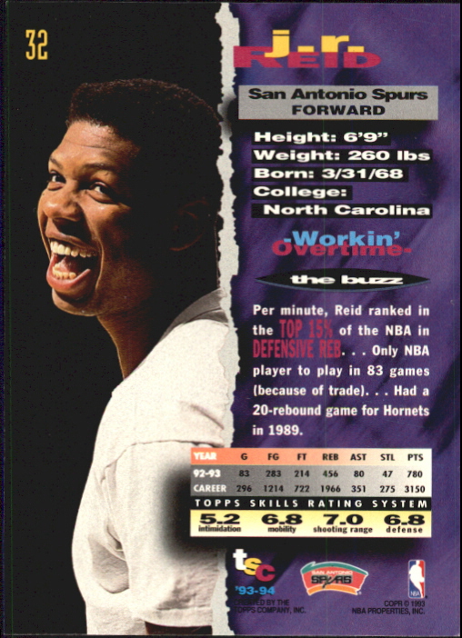 1993-94 Stadium Club First Day Issue #32 J.R. Reid back image