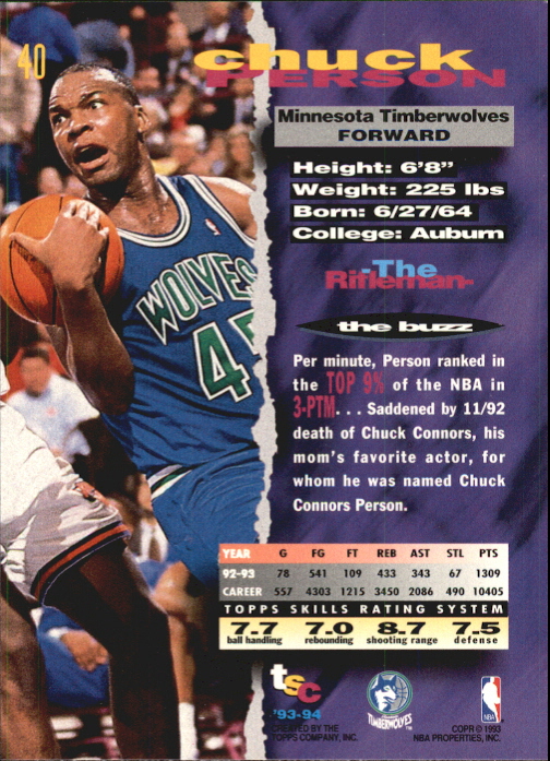 1993-94 Stadium Club First Day Issue #40 Chuck Person back image