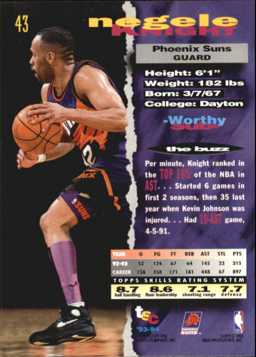 1993-94 Stadium Club First Day Issue #43 Negele Knight back image