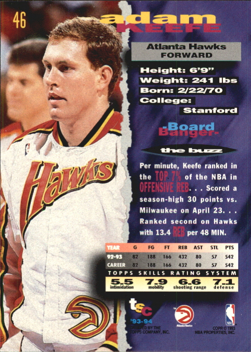 1993-94 Stadium Club First Day Issue #46 Adam Keefe back image
