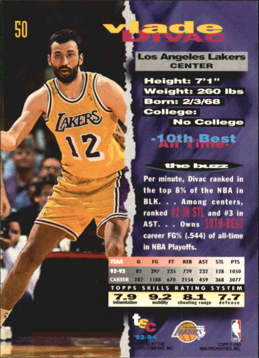 1993-94 Stadium Club First Day Issue #50 Vlade Divac back image
