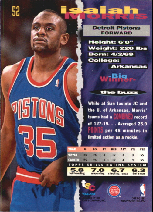 1993-94 Stadium Club First Day Issue #52 Isaiah Morris back image