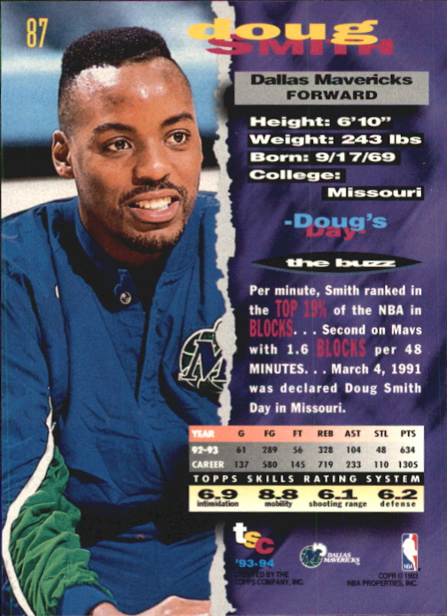 1993-94 Stadium Club First Day Issue #87 Doug Smith back image