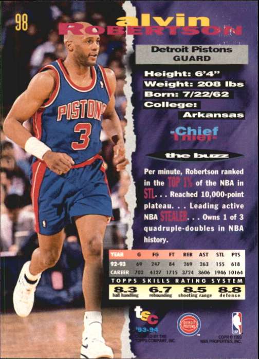 1993-94 Stadium Club First Day Issue #98 Alvin Robertson back image