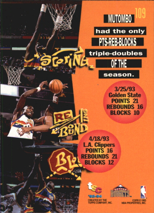 1993-94 Stadium Club First Day Issue #109 Dikembe Mutombo TD back image