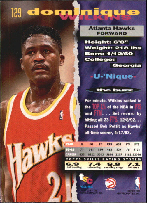 1993-94 Stadium Club First Day Issue #129 Dominique Wilkins back image