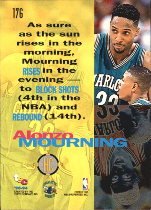 1993-94 Stadium Club First Day Issue #176 Alonzo Mourning HC back image