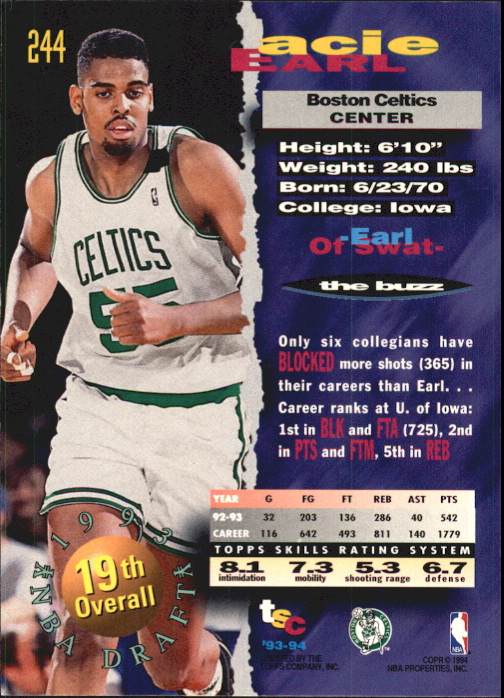 1993-94 Stadium Club First Day Issue #244 Acie Earl back image