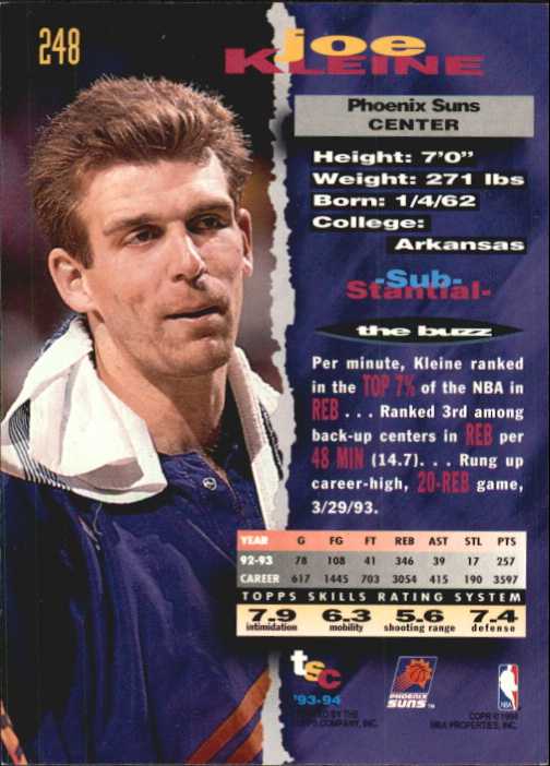 1993-94 Stadium Club First Day Issue #248 Joe Kleine back image