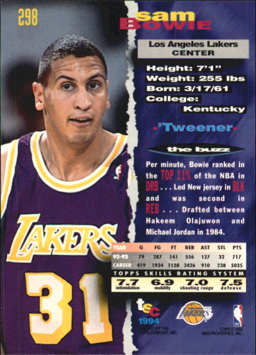 1993-94 Stadium Club First Day Issue #298 Sam Bowie UER/(Last name Bowe on front) back image