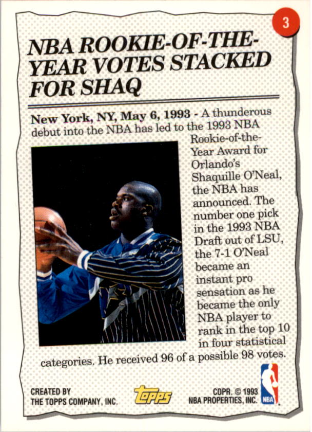 1993-94 Topps #3 Shaquille O'Neal HL back image