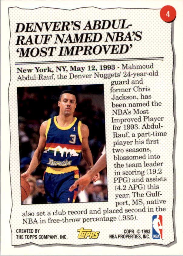 1993-94 Topps #4 Chris Jackson HL back image