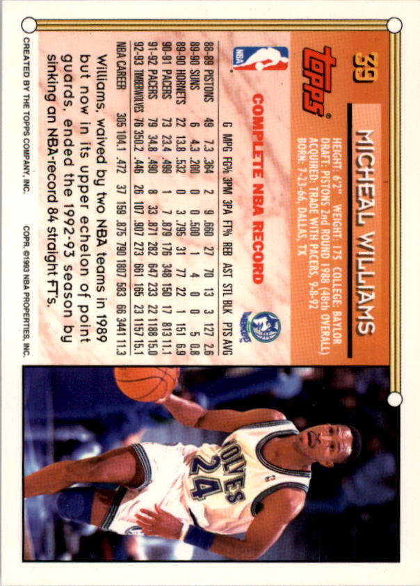 1993-94 Topps #39 Micheal Williams UER/(350.2 minutes per game) back image