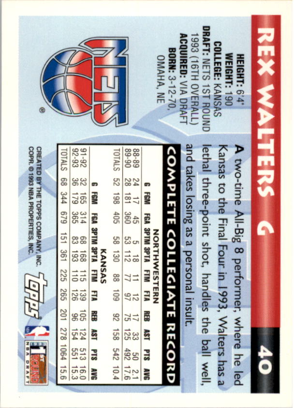 1993-94 Topps #40 Rex Walters RC back image