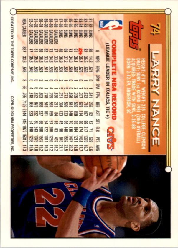 1993-94 Topps #74 Larry Nance back image