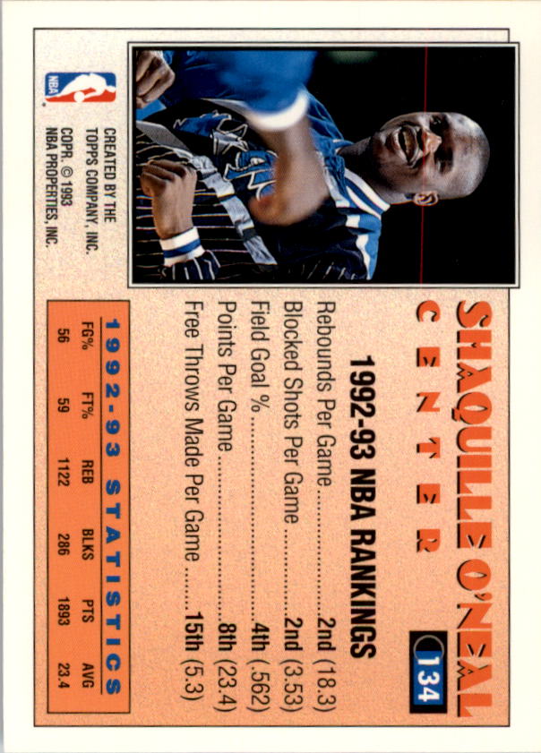 1993-94 Topps #134 Shaquille O'Neal AS back image