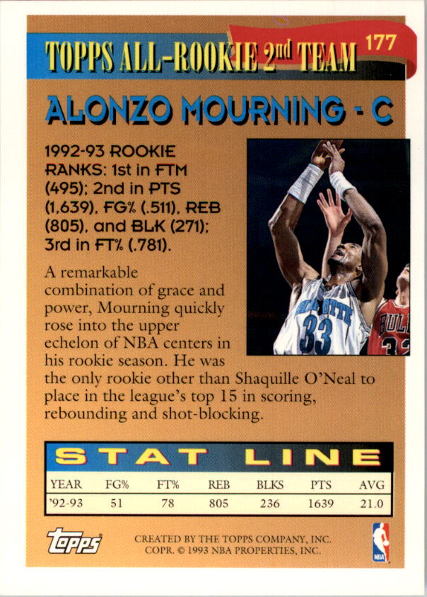 1993-94 Topps #177 Alonzo Mourning ART back image
