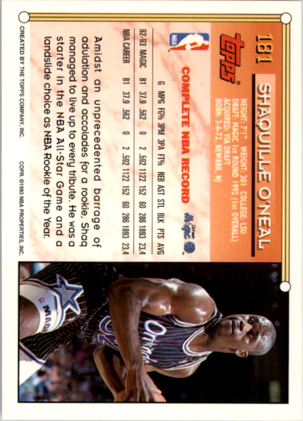 1993-94 Topps #181 Shaquille O'Neal back image
