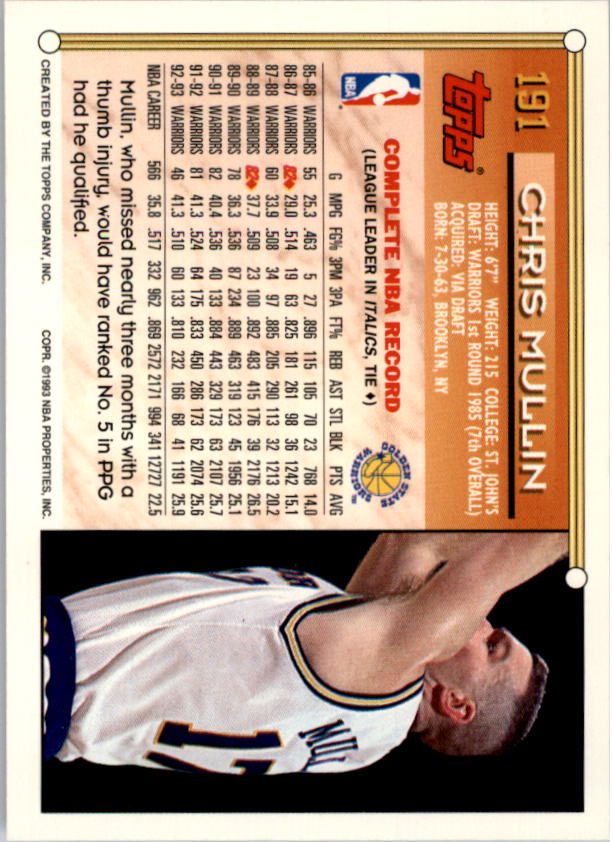 1993-94 Topps #191 Chris Mullin back image