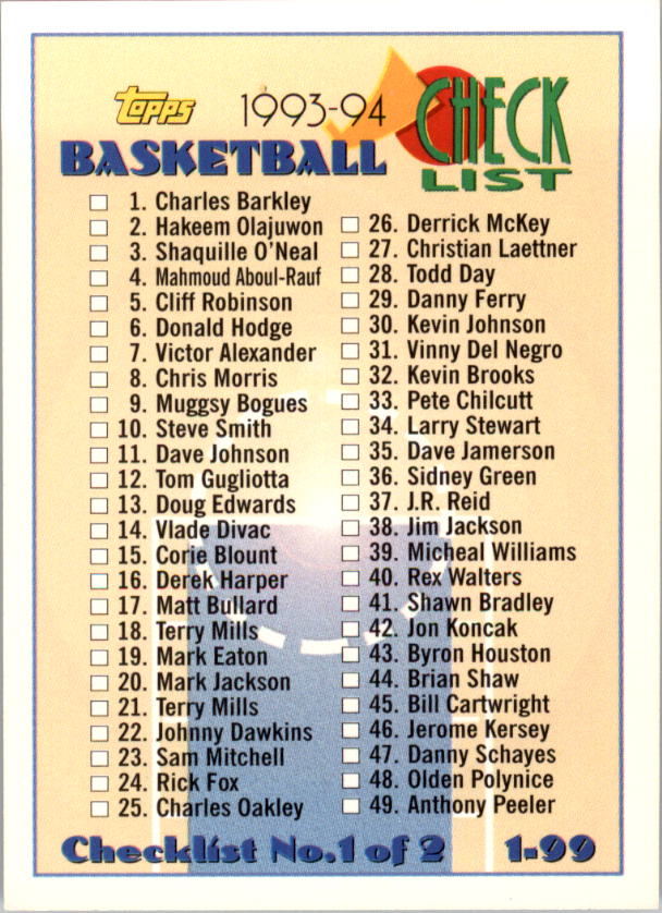 1993-94 Topps #197 Checklist 1-99 UER/(No. 18 listed as Terry Mills/instead of Terry Cummings and/No. 23 listed as Sam Mitchell/instead of Michael Jordan)