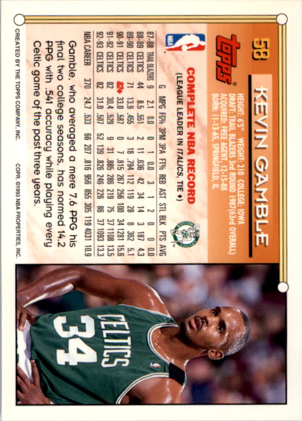1993-94 Topps Gold #58 Kevin Gamble back image