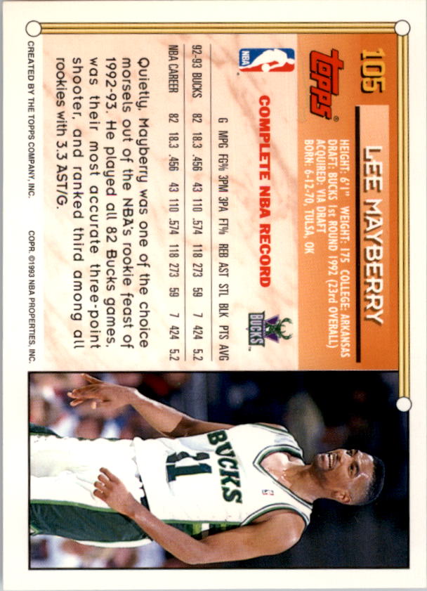 1993-94 Topps Gold #105 Lee Mayberry back image
