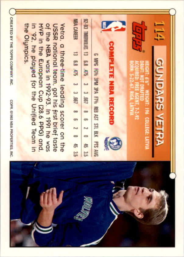 1993-94 Topps Gold #114 Gundars Vetra back image