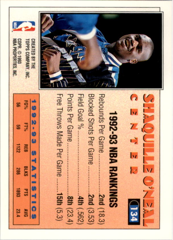 1993-94 Topps Gold #134 Shaquille O'Neal AS back image