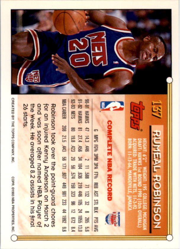 1993-94 Topps Gold #137 Rumeal Robinson back image
