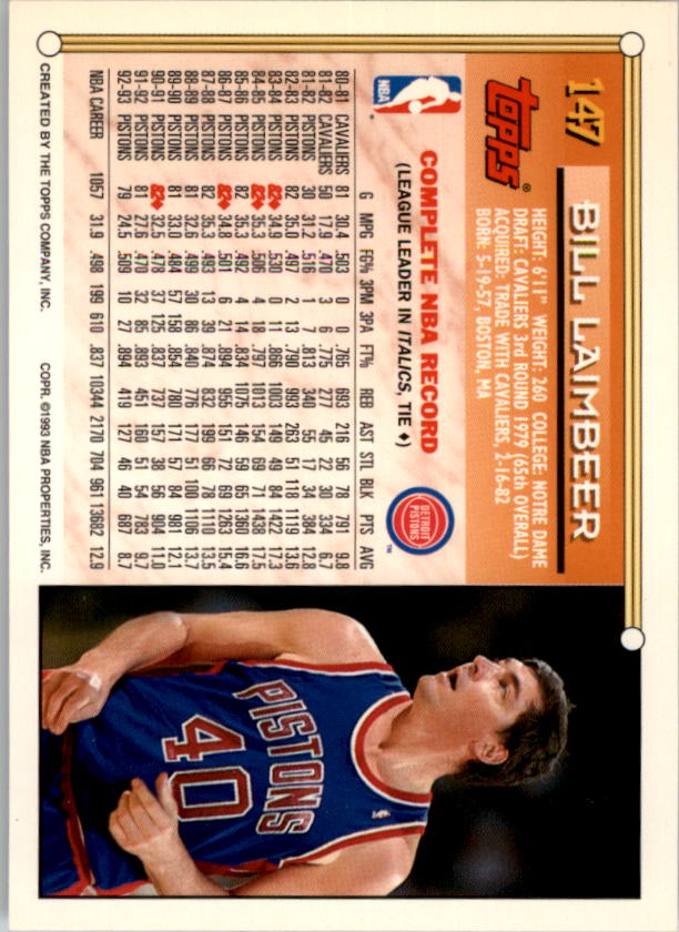 1993-94 Topps Bill Laimbeer . Detroit Pistons #147