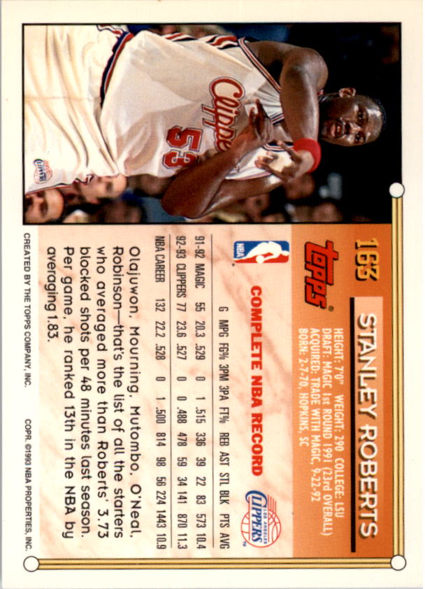 1993-94 Topps Gold #163 Stanley Roberts back image