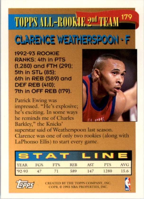 1993-94 Topps Gold #179 Clarence Weatherspoon ART back image
